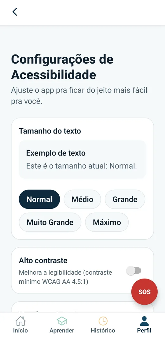 Tela de configurações de acessibilidade com tamanhos de texto e alto contraste