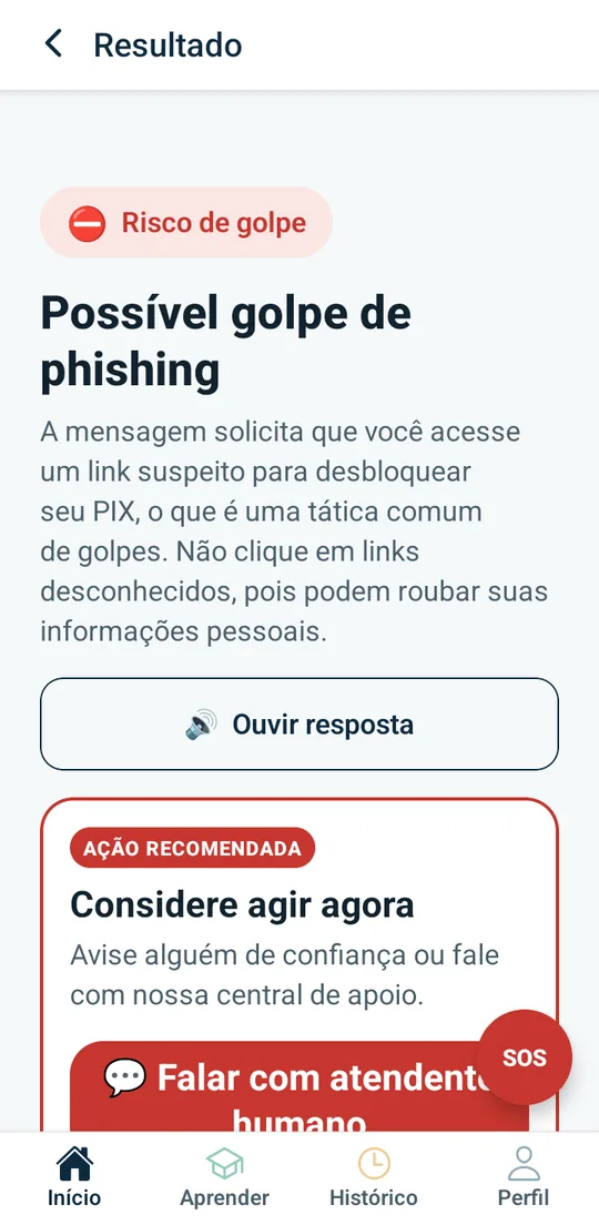 Resultado do app indicando risco de golpe de phishing e a ação recomendada